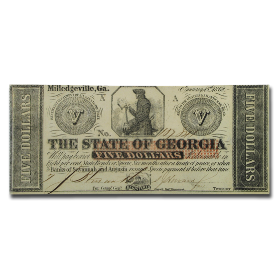 1862 The Bank of Milledgeville, GA, $5.00 AU 1862 The Bank of Milledgeville, GA, $5.00 AU